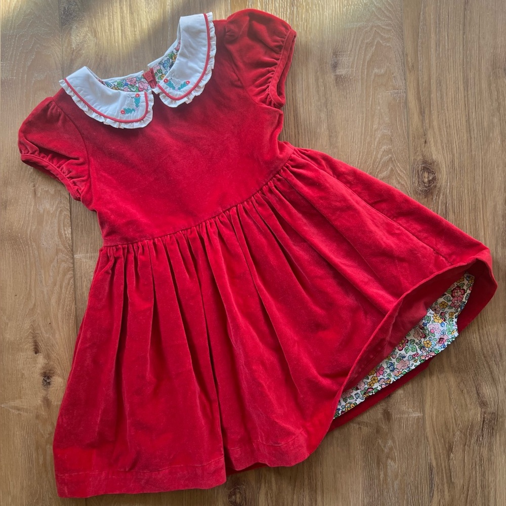 Mini Boden Velvet Party Dress Rockabilly Red Floral Lined Peter Pan Collar 4-5Y